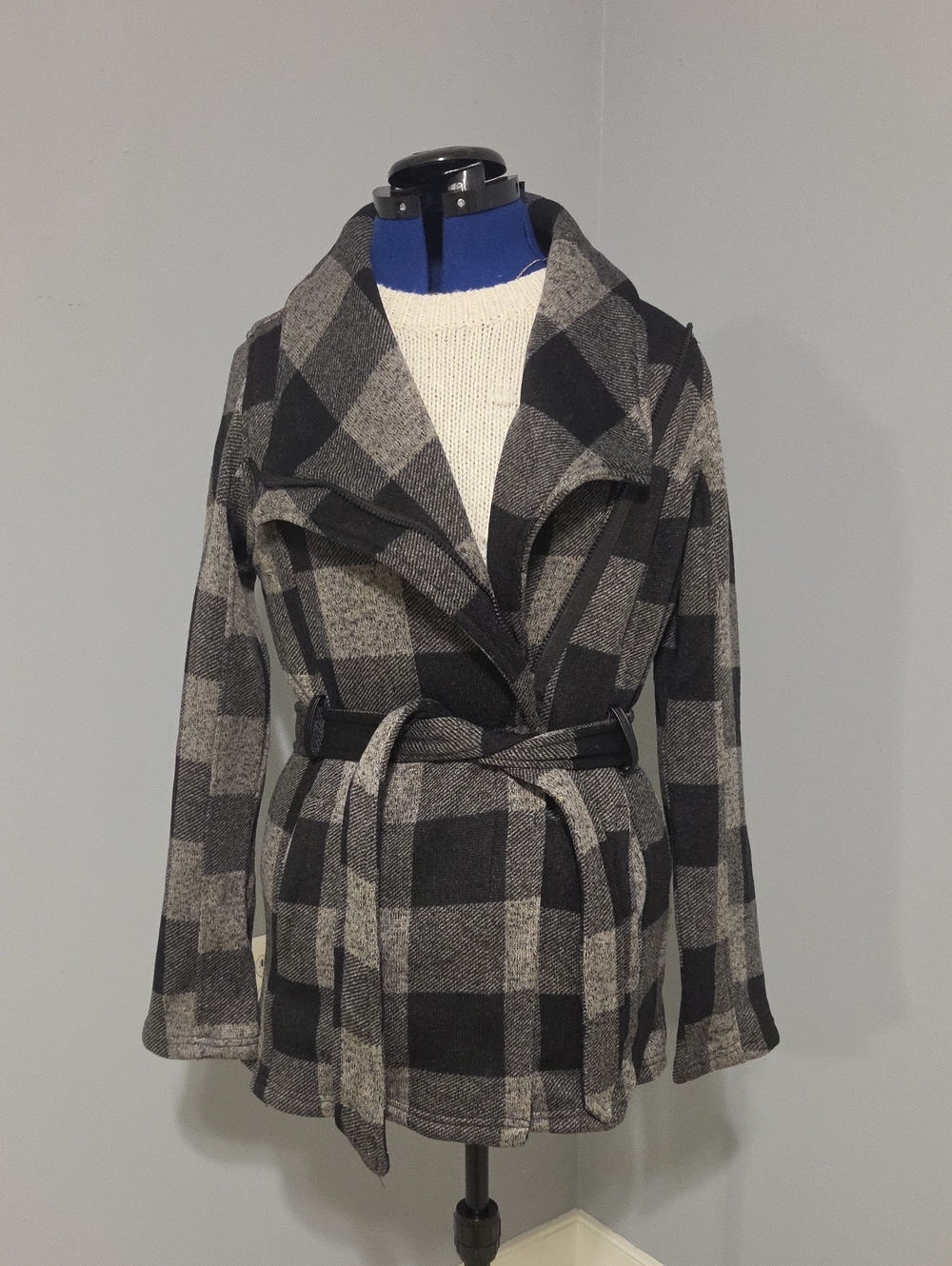 CoffeeShop Navy & Gray Plaid Belted Pea Coat